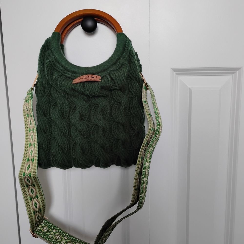 Green Knit Tote Bag with Wooden Handles Handmade